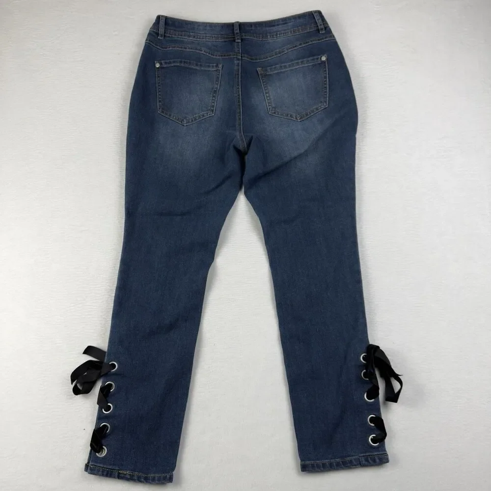 Cato High Rise Jeans Lace up Hem Women's 10 Petite (30x27 Fit) Dark Blue Denim - Picture 8 of 15